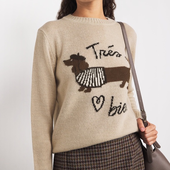 RARE MaxMara Weekend Alpaca wool Jumper Trés Bien Beige Jacquard Dog Sweater S - Picture 2 of 16